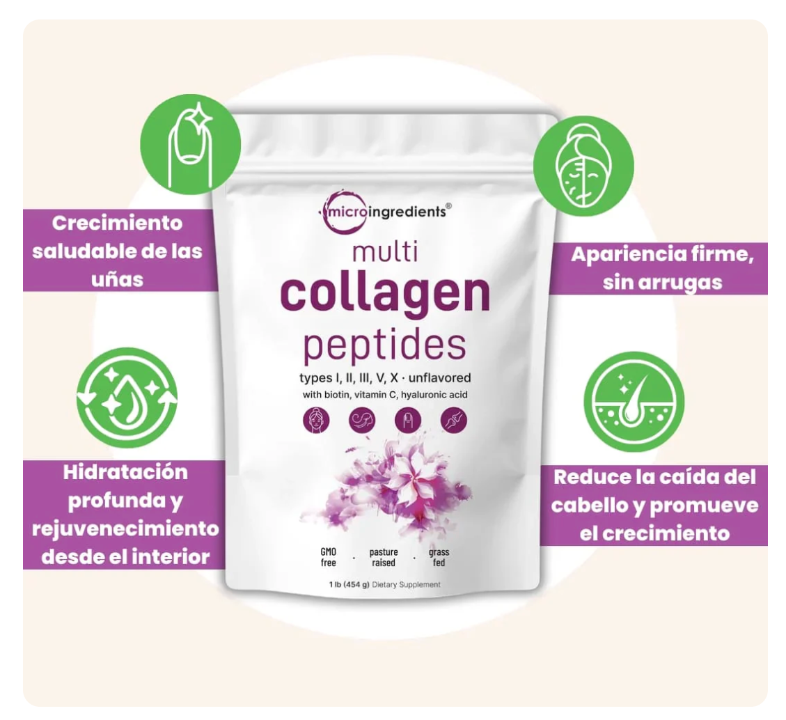 Piel, cabello y uñas más fuertes, Con biotina, vitamina C y ácido hialurónico.