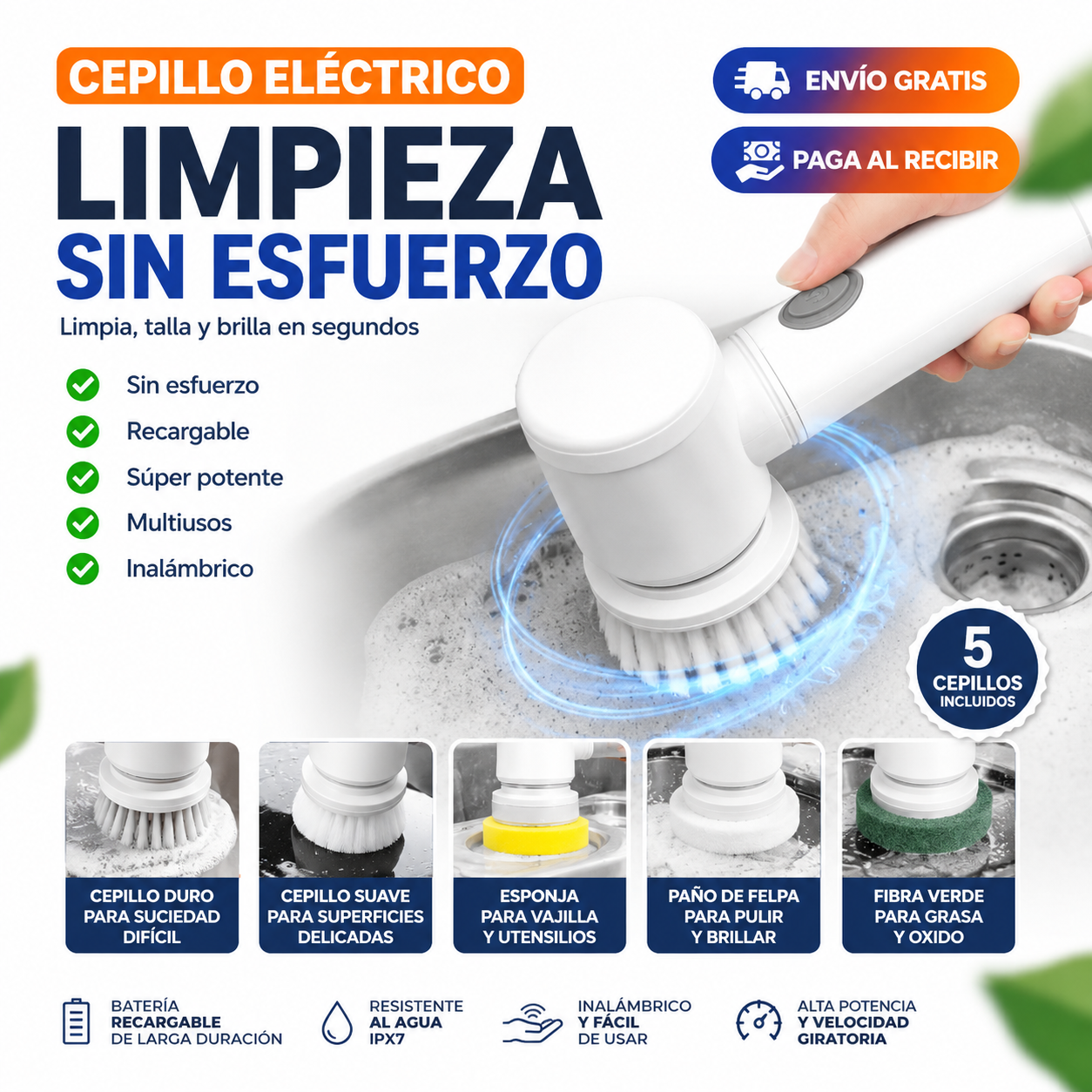 Cepillo Eléctrico Multifuncional x5 | Limpieza Profunda Sin Esfuerzo + Envío Gratis
